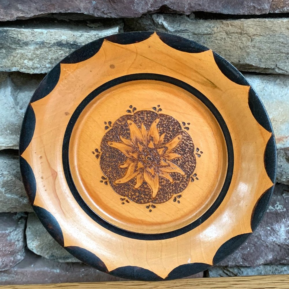 Wood Pyrography Plate Floral Burning Mexico Decorative Wall Art Hand Crafted